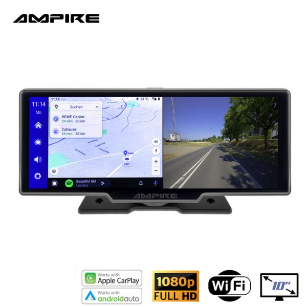 AMPIRE Smartphone-Monitor 25.4cm (10'') mit AHD Dual-Dashcam und RFK-Funktion